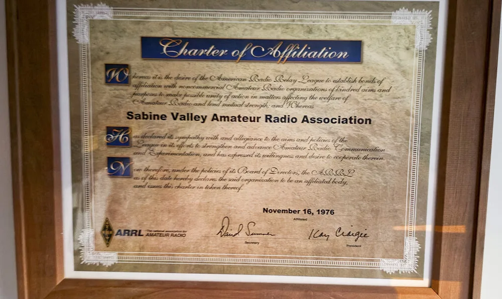 ARRL Charter of Affiliation for the Sabine Valley Amateur Radio Association, dated November 16, 1976